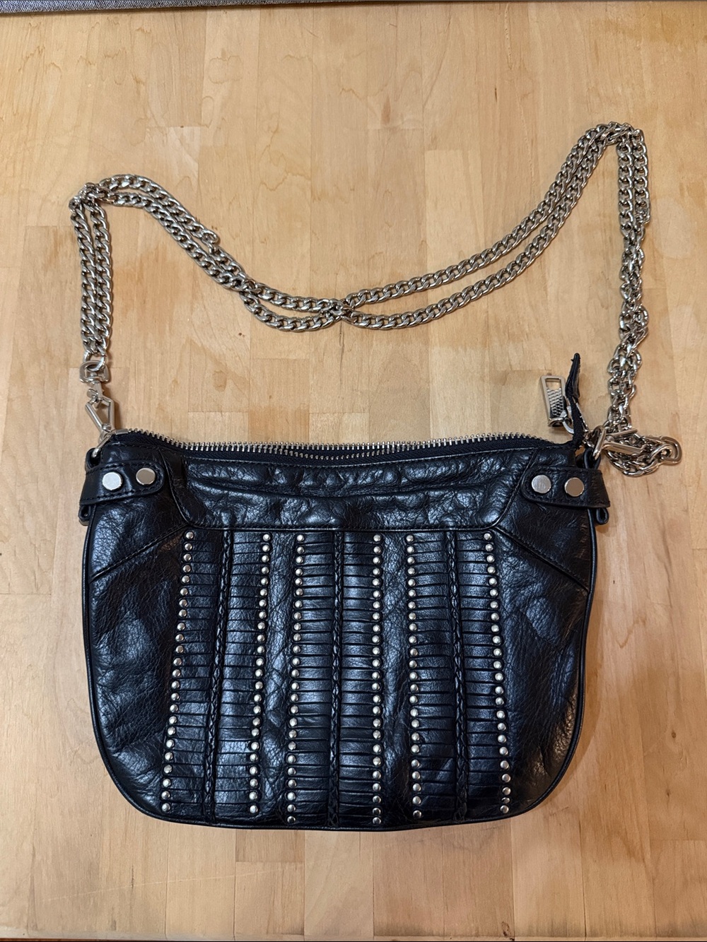 Rebecca Minkoff Black Leather Studded Crossbody with Silver Chain